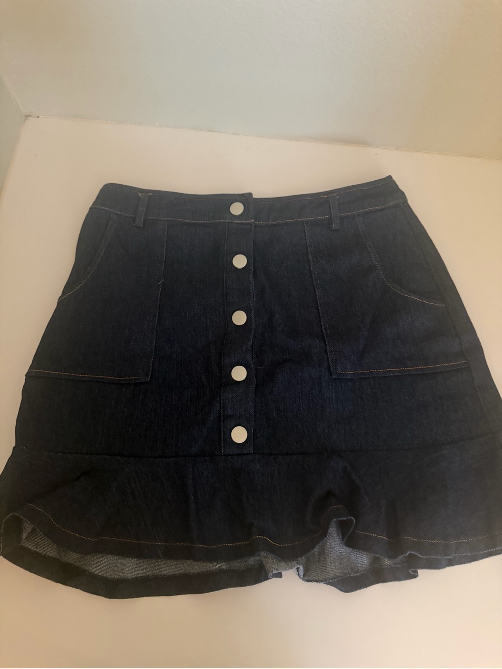 Button-Front Dark Denim Ruffle Hem Mini Skirt cottagecore, old money, boho